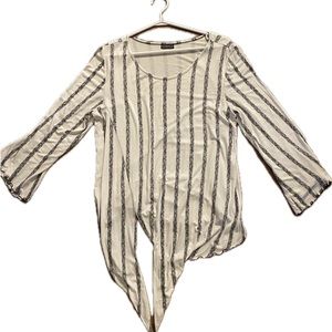 CANADIAN VINTAGE CLIENTELE LONG SLEEVE STRIPED TIE FRONT WITH LETTUCE HEM